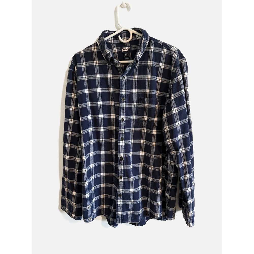 Lands End Blue White Plaid FLannel Long Sleeve Button Down Mens Size XL TALL